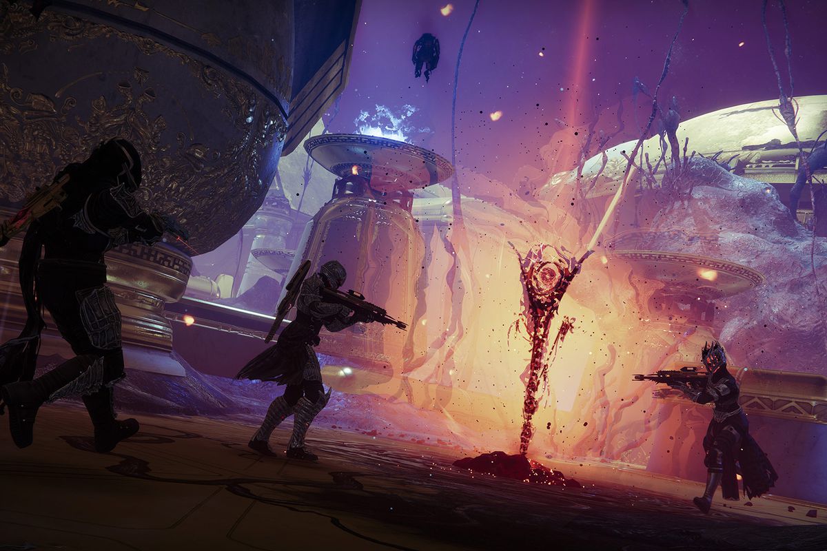 Guardians gather around a Nightmare Containment public event marker in Destiny 2: Season of the Haunted