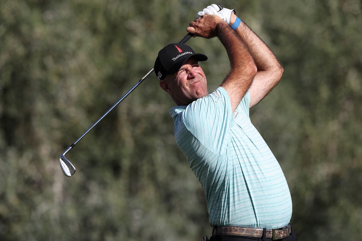 Stewart Cink hits his tee shot on the 14th hole during round two of the Shriners Hospitals For Children Open at TPC Summerlin on October 09, 2020 in Las Vegas, Nevada.