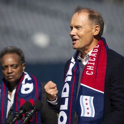 Mayor Lori Lightfoot looks on as Chicago Fire Owner and Chairman Joe Mansueto speaks during a press conference to announce the Fire will be returning to Soldier Field beginning with the 2020 season, Tuesday morning, Oct. 8, 2019.
