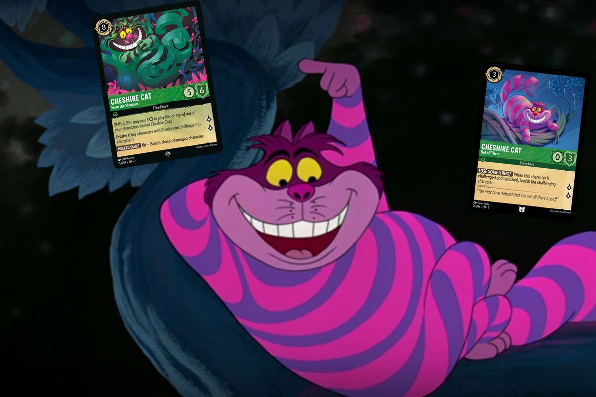 The Cheshire Cat points out his new Disney Lorcana card, captured in a scene from Alice in Wonderland.
