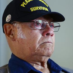 Raymond Salsedo, who worked as a burner/welder at Pearl Harbor and was witness to the attacks, gets emotional as he talks about what it was like to see the events unfold firsthand during an interview in Sandy, Monday, Nov. 7, 2016.
