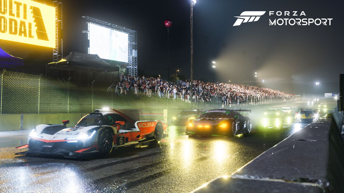 Endurance racing cars, lamps on, race down a wet straight at night in Forza Motorsport
