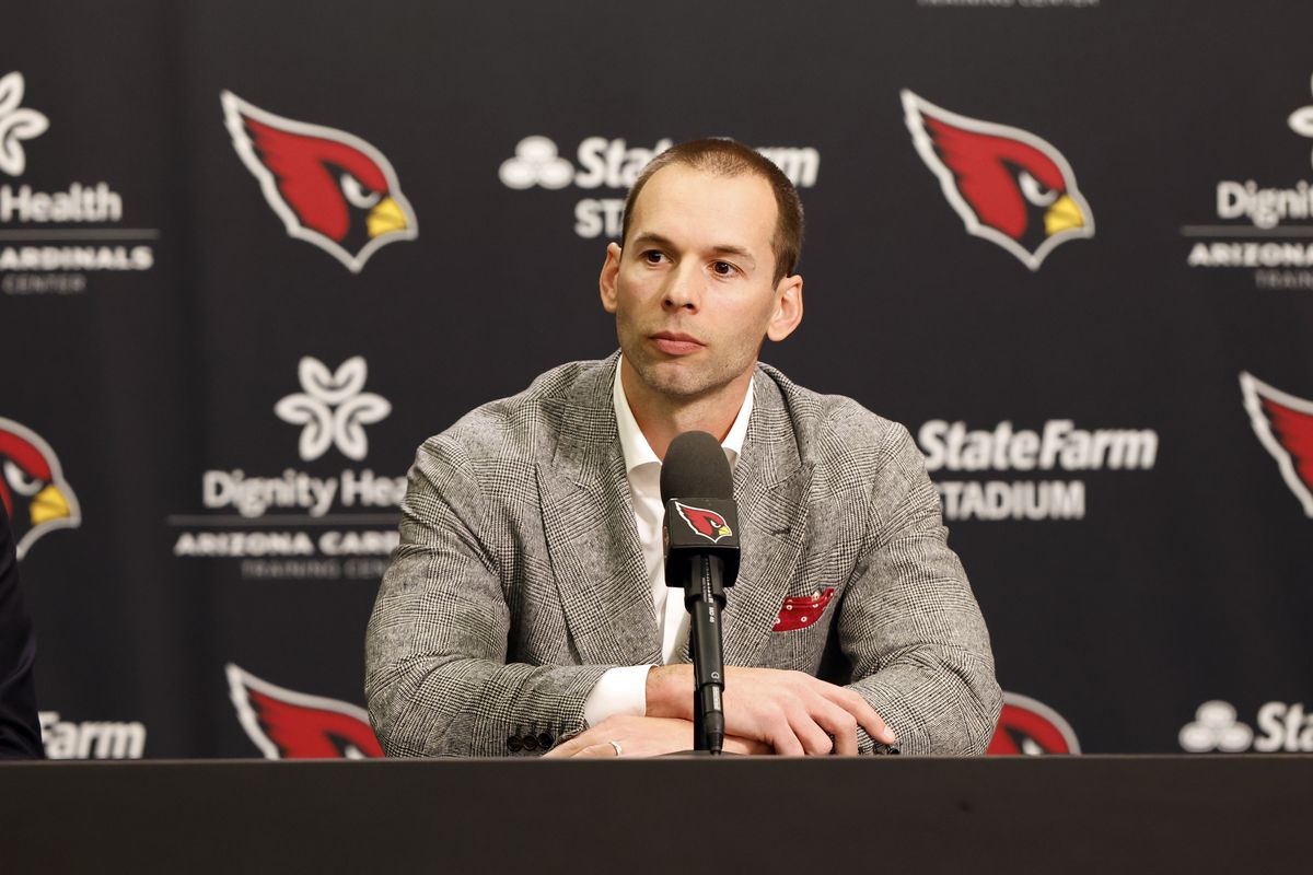 TEMPE, ARIZONA - FEBRUARY 16: New Arizona Cardinals head coach Jonathan Gannon answers questions from the media during a press conference at Dignity Health Arizona Cardinals Training Center on February 16, 2023 in Tempe, Arizona.