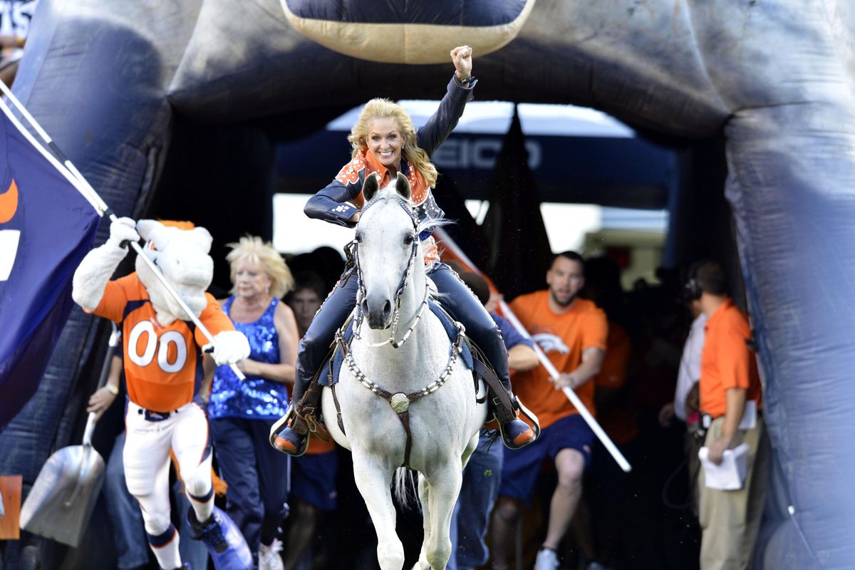 September 9 2012; Denver, CO, USA; Denver Broncos mascot Thunder performs before the game against the Pittsburgh Steelers at Sports Authority Field. The Broncos defeated the Steelers 31-19. Mandatory Credit: Ron Chenoy-US PRESSWIRE