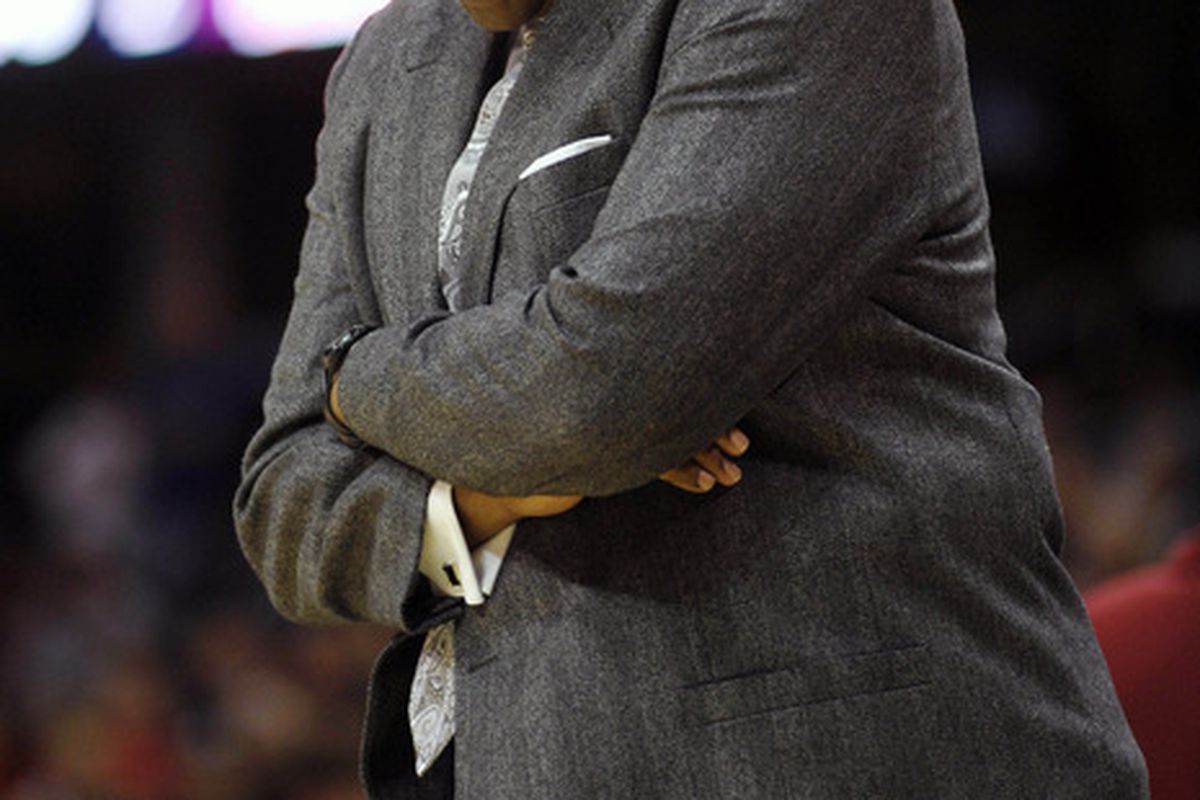 Apr 10, 2012; Cleveland, OH, USA; Charlotte Bobcats head coach Paul Silas stares down at the court in the second quarter against the Cleveland Cavaliers at Quicken Loans Arena. Mandatory Credit: David Richard-US PRESSWIRE