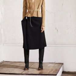Suede Jacket, $299; Oversized Skirt, $99; Knee-High Leather Boots, $299
