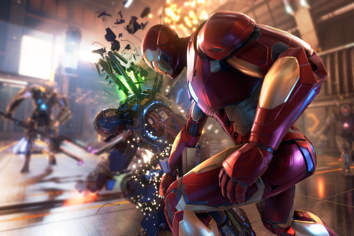 Iron Man punching a robot in Marvel’s Avengers