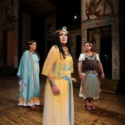 Jennifer Check as Aida, left, Katharine Goeldner as Amneris and Marc Heller as Radames rehearse for Utah Opera's production of "Aida" at the Capitol Theatre in Salt Lake City on Wednesday, March 2, 2016.