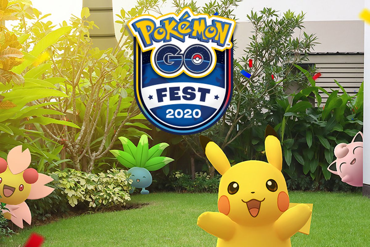 Artwork for Pokemon Go Fest 2020 featuring Pikachu, Oddish, Cherrim, and Jigglypuff