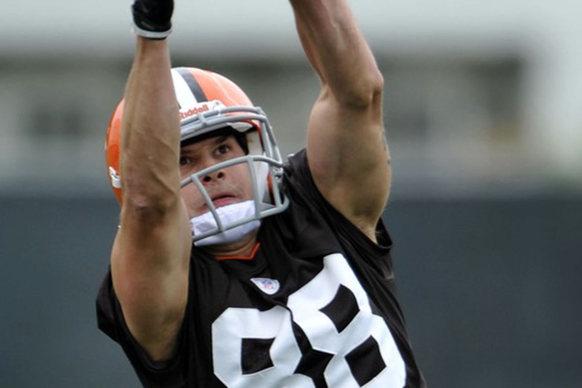 Jun 5, 2012; Berea, OH, USA; Cleveland Browns wide receiver Josh Cooper (88) makes a catch during minicamp at the Cleveland Browns training facility. Mandatory Credit: David Richard-US PRESSWIRE