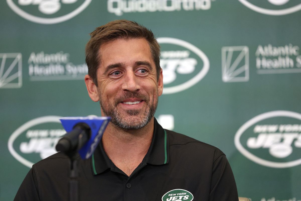 New York Jets quarterback Aaron Rodgers attends an introductory press conference at Atlantic Health Jets Training Center on April 26, 2023 in Florham Park, New Jersey.