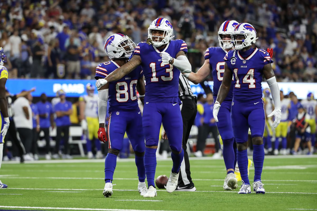 Buffalo Bills wide receiver Gabe Davis (13) enjoys first down catch during the Buffalo Bills game versus the Los Angeles Rams on September 8, 2022, at Sofi Stadium in Inglewood, CA.