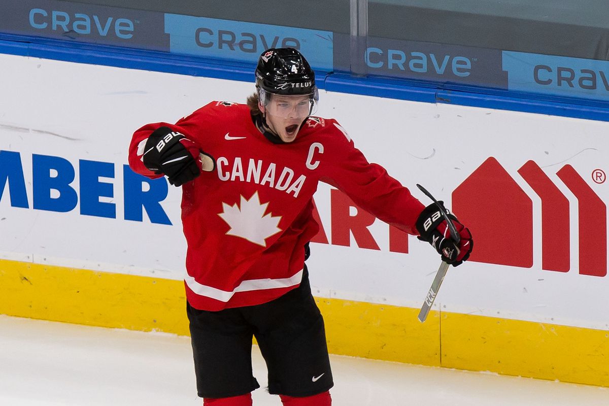 Bowen Byram #4 of Canada celebrates a goal against the Czech Republic during the 2021 IIHF World Junior Championship quarterfinals at Rogers Place on January 2, 2021 in Edmonton, Canada.