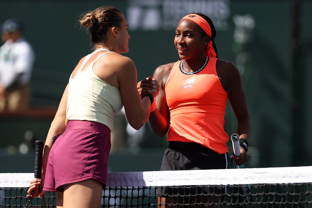 Coco Gauff of USA congratulates Aryna Sabalenka on her win in the quarter finals during the BNP Paribas Open on March 15, 2023 in Indian Wells, California.