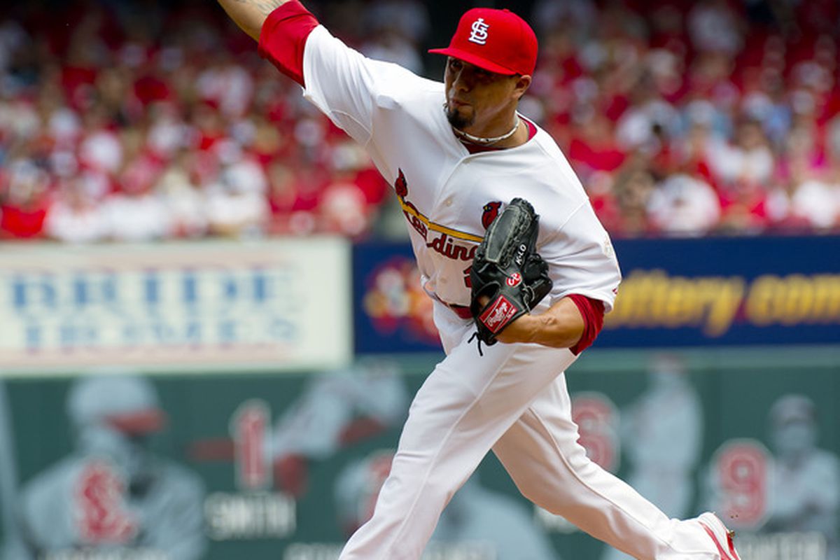 April 28, 2012; St. Louis, MO, USA; St. Louis Cardinals starting pitcher Kyle Lohse (26) delivers a pitch against the Milwaukee Brewers at Busch Stadium. Mandatory Credit: Scott Rovak-US PRESSWIRE