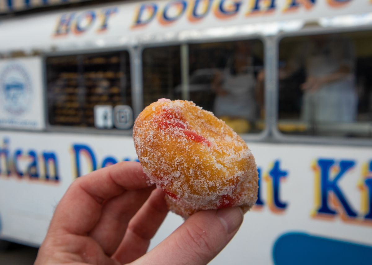 A sugar-dusted, jam-filled donut