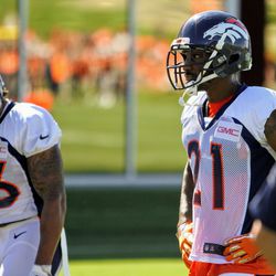 Aqib Talib and T.J. Ward getting ready for some secondary drills during the first day of Denver Broncos training camp. 