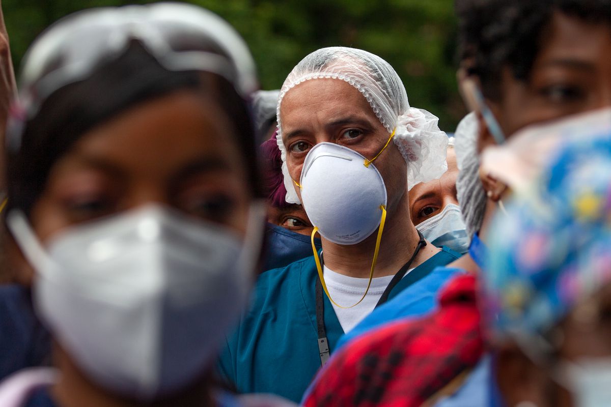 Hundreds of Bellevue healthcare workers held a rally outside the hospital in solidarity with people protesting the death of George Floyd, June 4, 2020.
