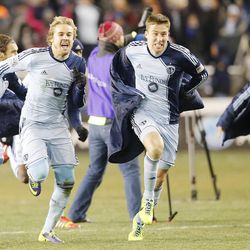 Sporting KC players celebrate their win over Real Salt Lake Saturday, Dec. 7, 2013 in MLS Cup action.