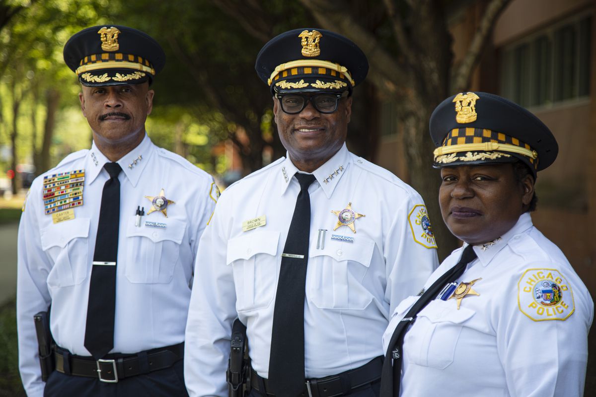 (L-R) The Chicago Police Department’s First Deputy Superintendent, Eric Carter, Superintendent David Brown, and Deputy Superintendent Barbara West. CPD’S three highest-ranking officers are African-Americans — for the first time in its 185 years.