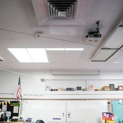 A swamp cooler is seen in a classroom at Midvalley Elementary in Midvale on Tuesday, Aug. 22, 2017. Many of the school's rooms have swamp coolers, while part of the school has air conditioning — two systems that work against each other.