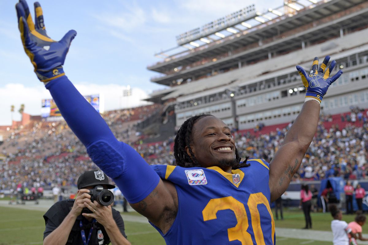 Los Angeles Rams RB Todd Gurley gestures to the fans after a 29-27 win over the Green Bay Packers in Week 8, Oct. 28, 2018.