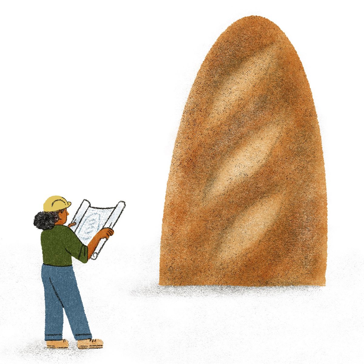 Illustration of a construction worker holding up a blueprint in front of a half of a baguette towering from the ground.