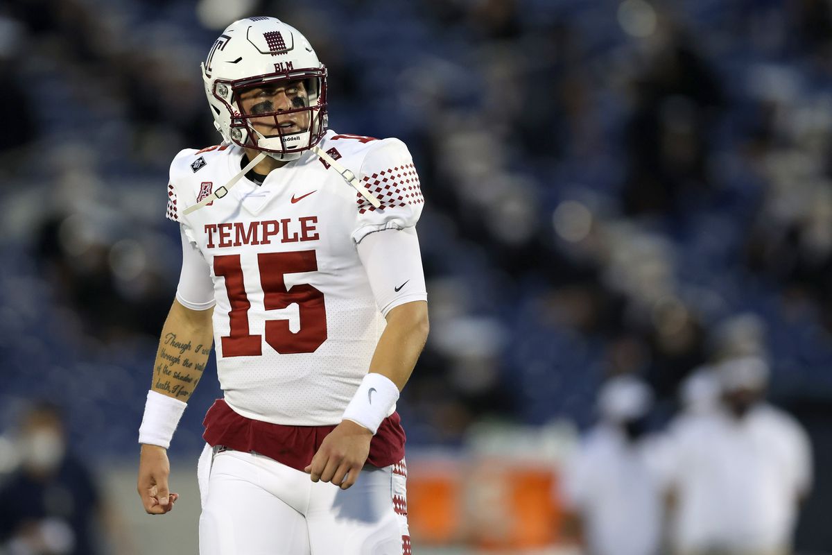 Quarterback Anthony Russo of the Temple Owls walks off the field after failing to convert on third down against the Navy Midshipmen in the first half at Navy-Marine Corps Memorial Stadium on October 10, 2020 in Annapolis, Maryland.