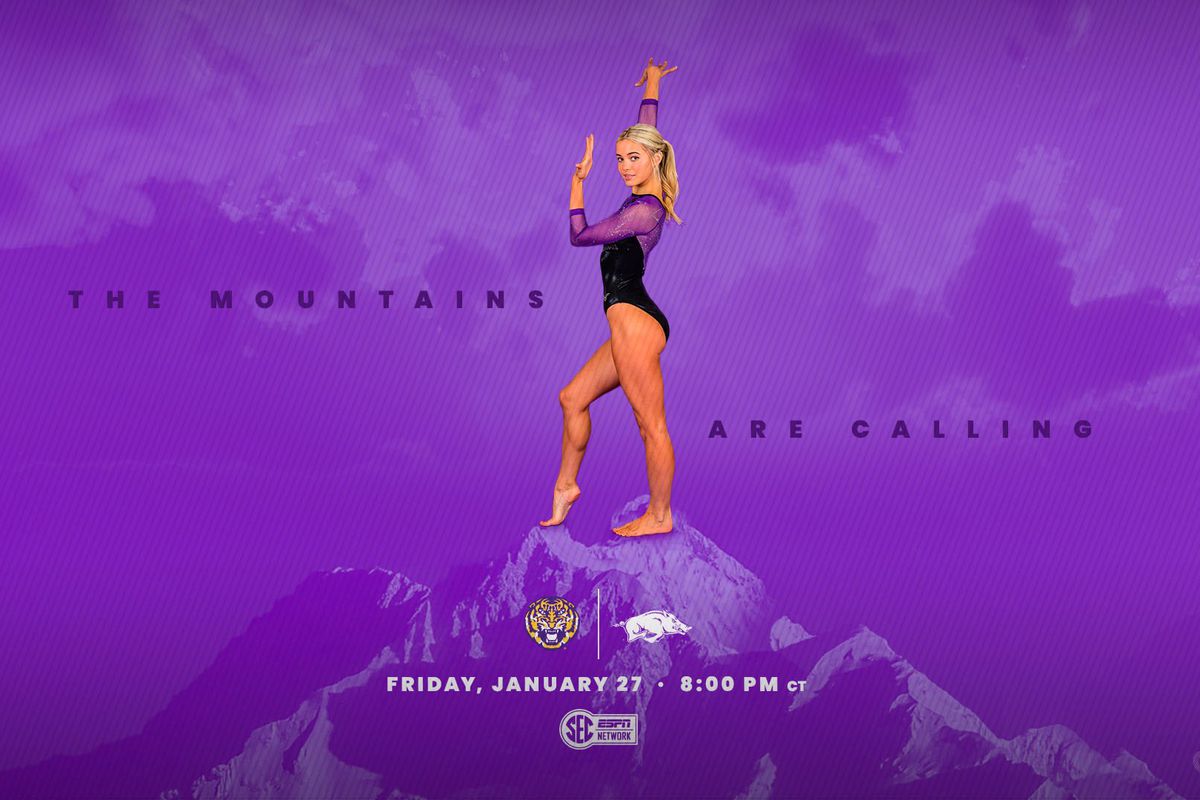 LSU gymnast Livvy Dunne stands in a black and purple competition leotard with her head turned left to face the viewer. She is surrounded by stylized text that reads “The mountains are calling.” Below her, stylized text reads “Friday, January 27; 8:00 PM CT” below which is the SEC ESPN Network logo.