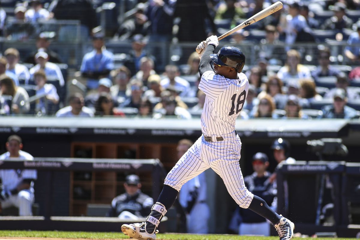 Yankees shortstop Didi Gregorius hits a solo home run in the first inning against the Toronto Blue Jays at Yankee Stadium. New York defeated Toronto 5-1.