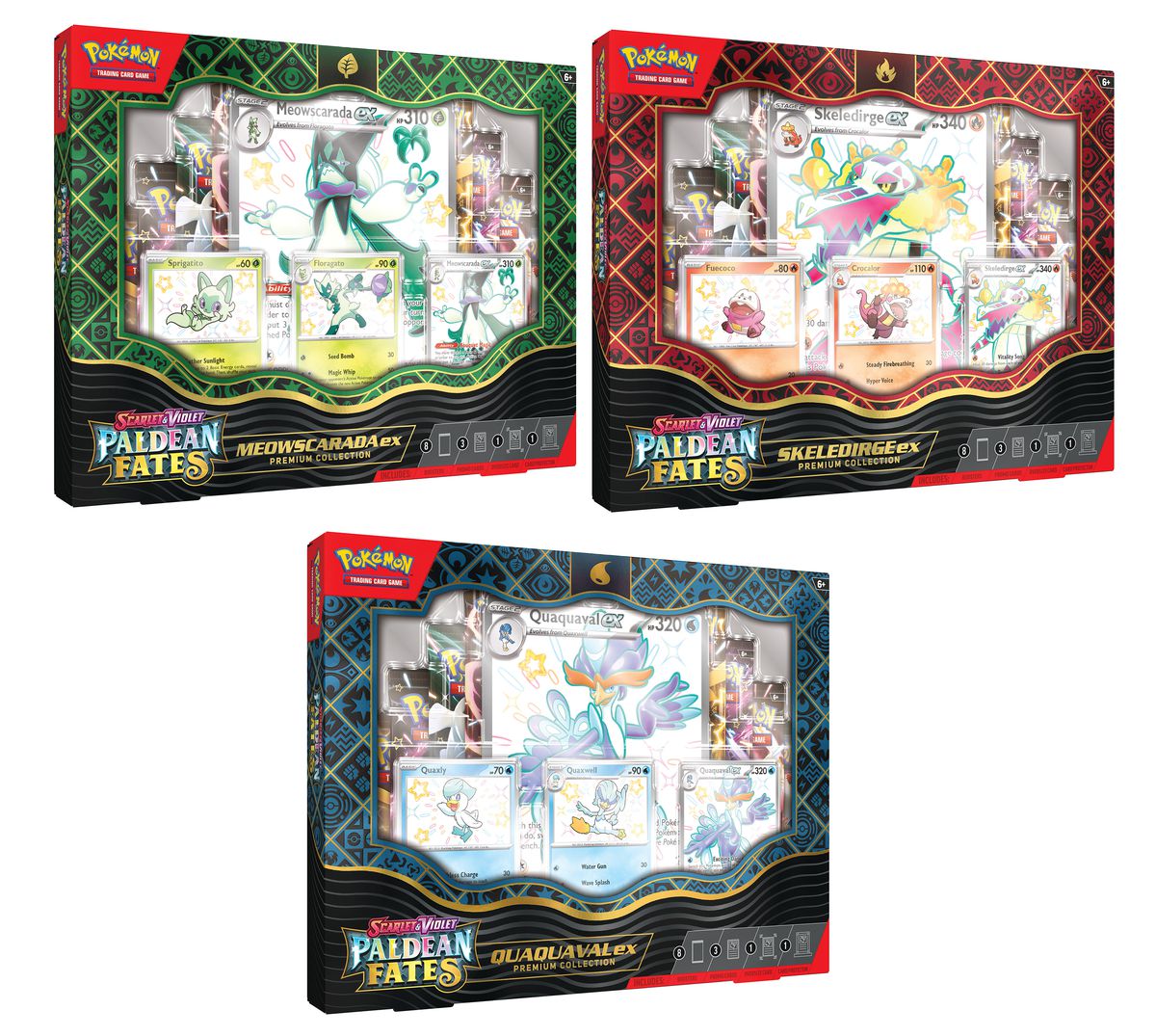 Pokémon TCG Scarlet and Violet — Paldean Fates premium collection boxes with special foil versions of the Paldean starters in them.