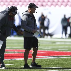 University of Utah football head coach Kyle Whittingham walks on the field during the University of Utah scrimmage at Rice-Eccles Stadium in Salt Lake City on Saturday, March 30, 2019.
