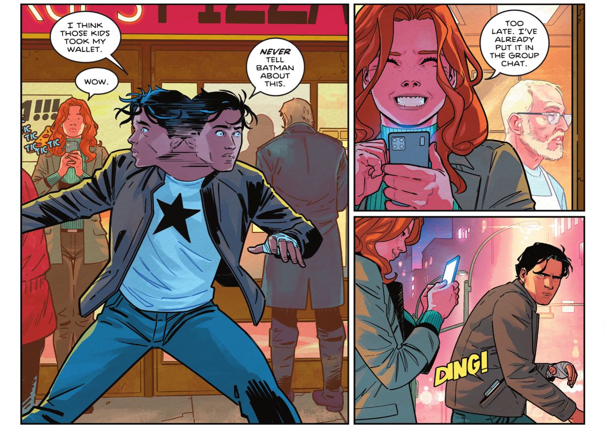 “I think those kids took my wallet,” Dick Grayson says as he glances around in shock, “never tell Batman about this.” “Too late,” grins Barbara Gordon, “I’ve already put it in the group chat.” Dick looks at her poutily as his phone dings in Nightwing #79, DC Comics (2021). 