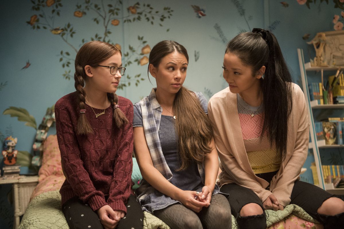 From left, Anna Cathcart as Kitty, Janel Parrish as Margot, and Lana Condor as Lara Jean in To All the Boys I’ve Loved Before
