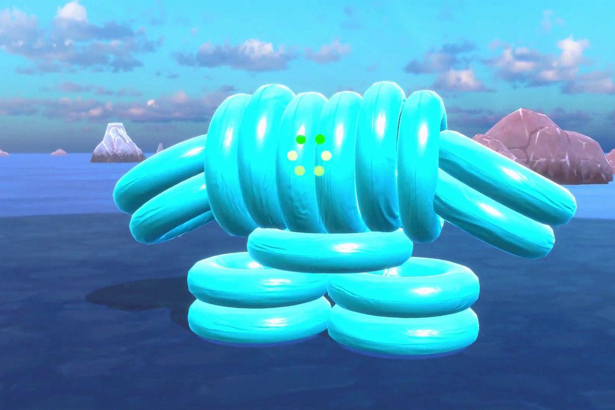 An image of Regitube rendered to look like it’s in Pokémon game. It looks like a bunch of inner tubes stacked up and walking around.