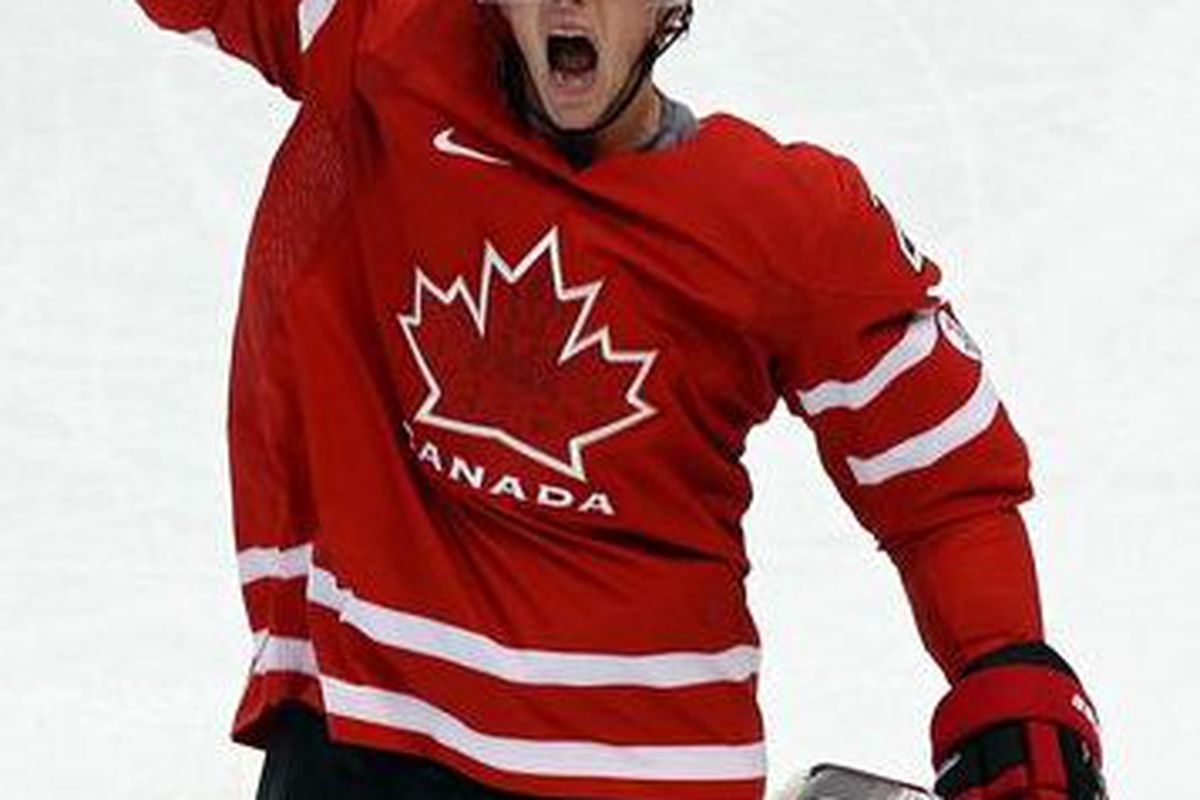 Carolina Hurricanes Captain Eric Staal celebrates for Team Canada.