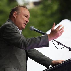 Sen. Jim Dabakis, D-Salt Lake City, speaks at a vigil for the victims and survivors of the mass shooting at a gay nightclub in Orlando, Florida, outside of the Salt Lake City-County Building on Monday, June 13, 2016.