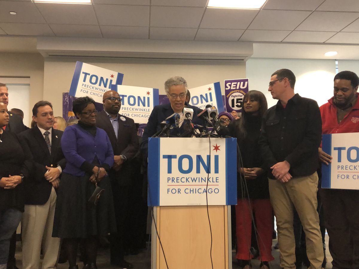 Cook County Board President Toni Preckwinkle thanks SEIU Healthcare Illinois and Indiana and the Chicago Teachers Union for their endorsements Thursday in her campaign for mayor. | Rachel Hinton/Sun-Times