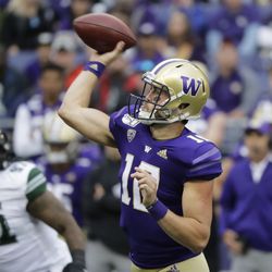 Washington quarterback Jacob Eason passes against Hawaii during the first half of an NCAA college football game, Saturday, Sept. 14, 2019, in Seattle. 