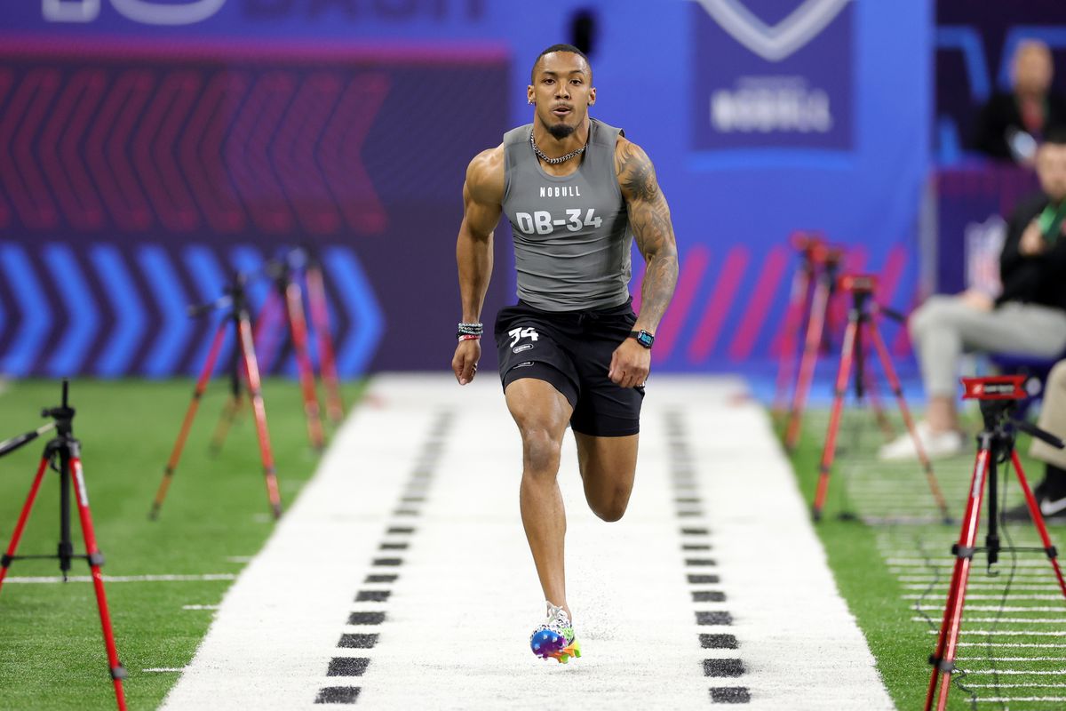 Defensive back DJ Turner II of Michigan participates in the 40-yard dash during the NFL Combine during the NFL Combine at Lucas Oil Stadium on March 03, 2023 in Indianapolis, Indiana.
