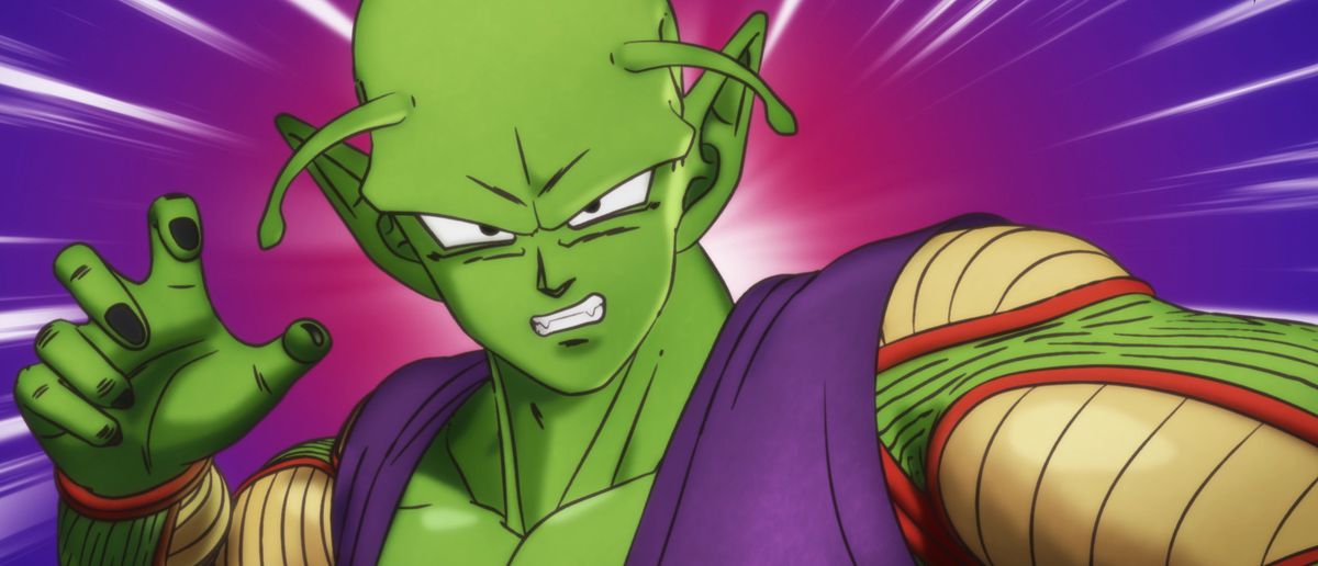 Piccolo snarls against a stylized backdrop of motion lines and dark colors in Dragon Ball Super: Super Hero