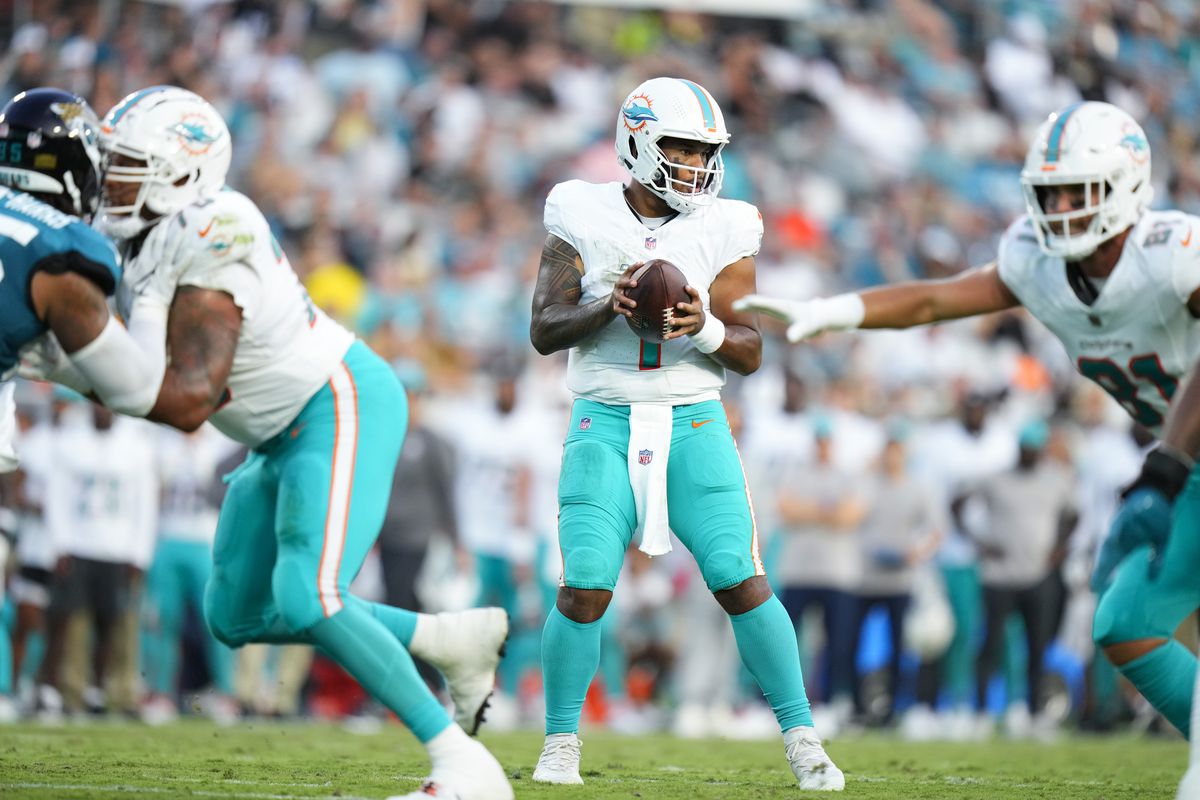 Tua Tagovailoa #1 of the Miami Dolphins drops back to pass against the Jacksonville Jaguars during the first quarter at TIAA Bank Field on August 26, 2023 in Jacksonville, Florida.