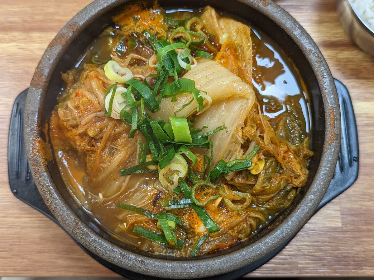 Haejangguk noodle and vegetable soup at Myung Ga Haejangguk in Los Angeles.