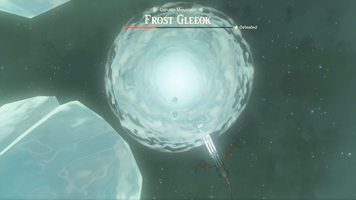 The Frost Gleeok causing a rift in the sky that causes icicles to fall from it towards the ground in The Legend of Zelda: Tears of the Kingdom.