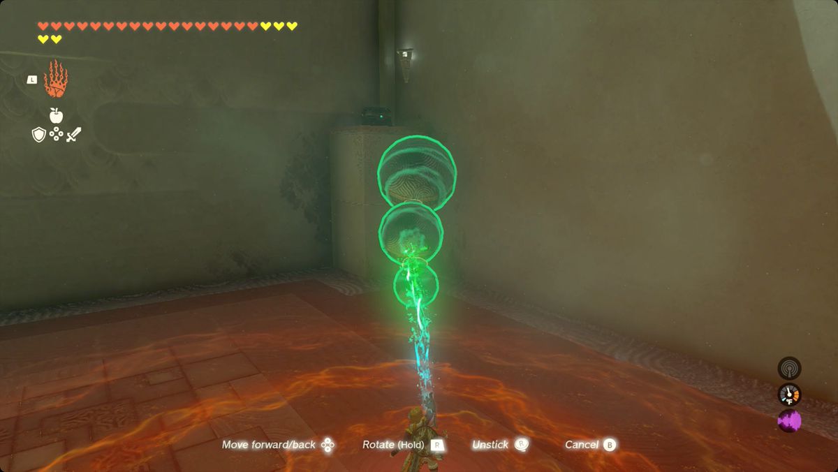 The Legend of Zelda: Tears of the Kingdom Link creating a ladder from balls in an upside-down snowman shape in Iun-orok Shrine.