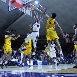 The Coppin State Eagles take on the  UConn Huskies men's basketball team at Gampel Pavilion in Storrs, CT on December 9, 2017.