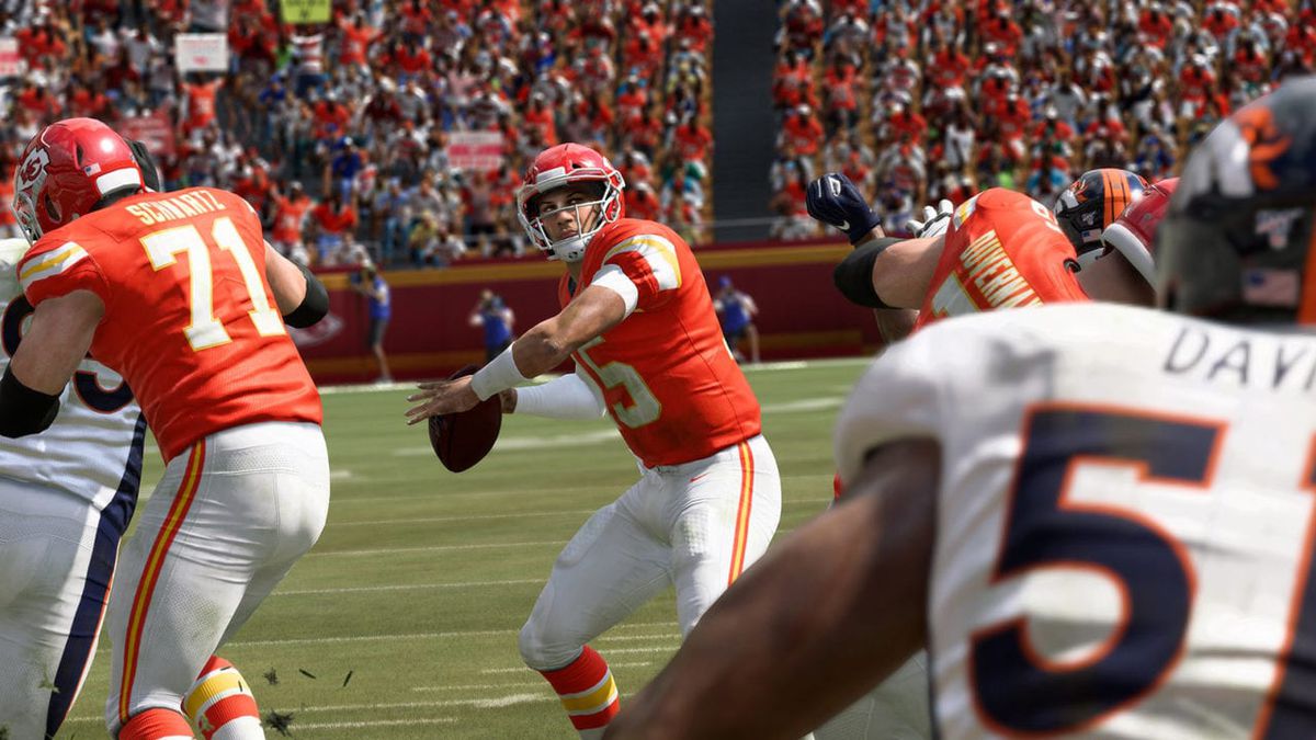 Patrick Mahomes, the Kansas City Chiefs quarterback, planting his back foot on the run and ready to unload against their hated rivals, the Denver Broncos, in Madden NFL 20
