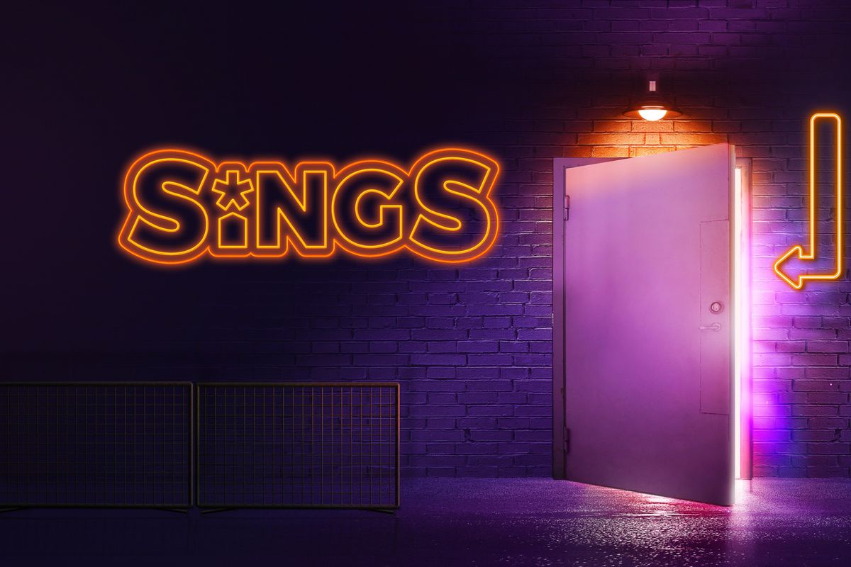 Teaser artwork for Twitch Sings featuring a neon sign pointing to an entry to a club.