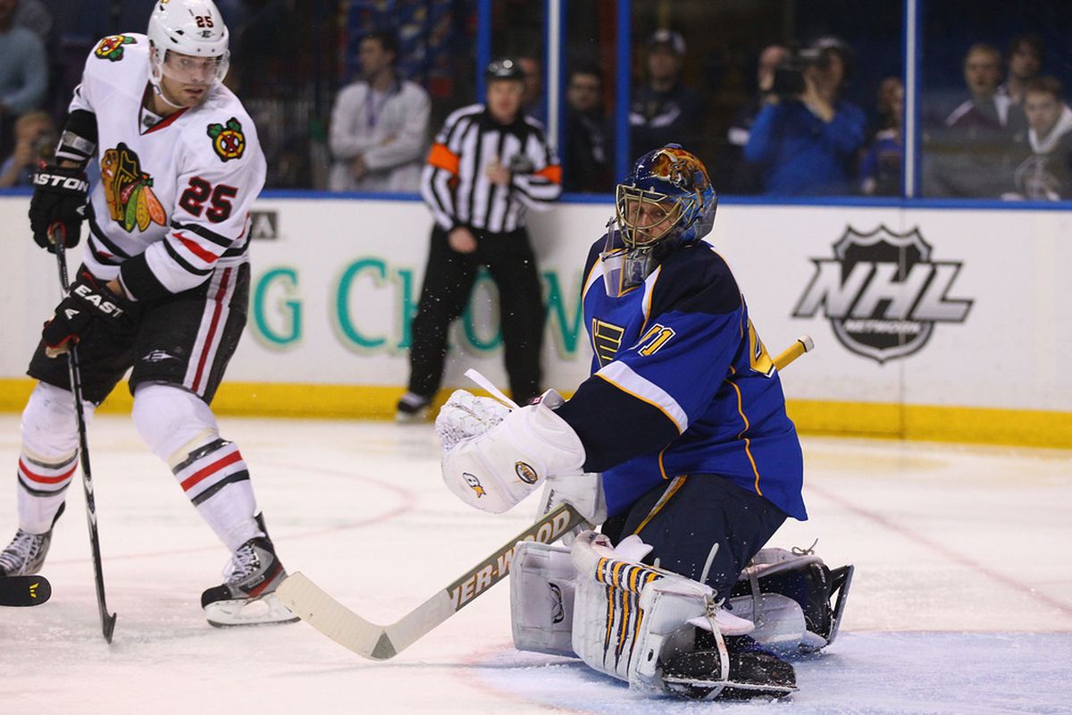 ST. LOUIS, MO - MARCH 6: Jaroslav Halak #41 of the St. Louis Blues makes a save against Chicago Blackhawks at the Scottrade Center  on March 6, 2012 in St. Louis, Missouri.  The Blues beat the Blackhawks 5-1.  (Photo by Dilip Vishwanat/Getty Images)
