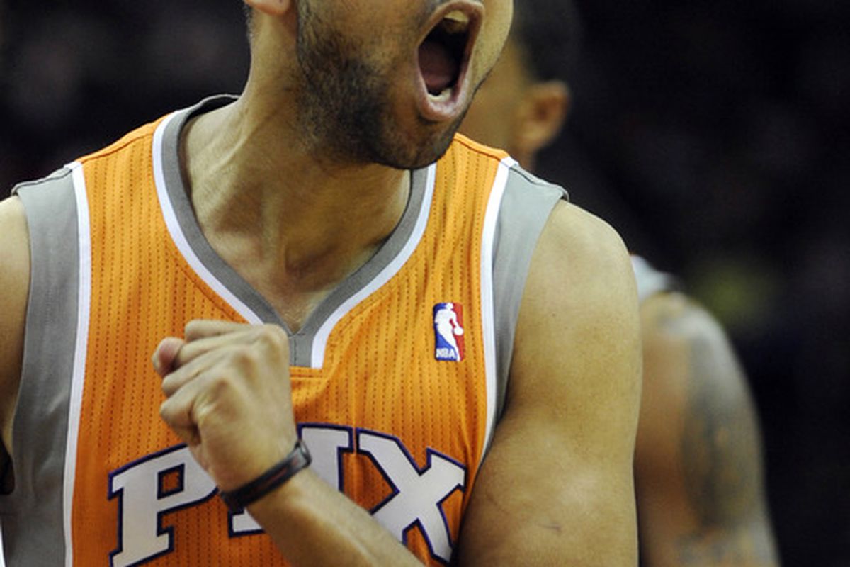 Mar 25, 2012; Cleveland, OH, USA; Phoenix Suns small forward Jared Dudley (3) reacts after missing a basket while being fouled in the first quarter against the Cleveland Cavaliers at Quicken Loans Arena. Mandatory Credit: David Richard-US PRESSWIRE